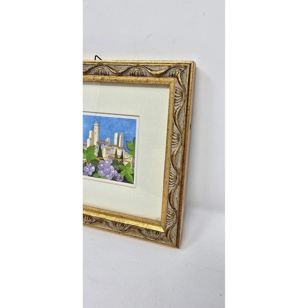 Vtg watercolor San Gimignano countryside Tuscany Italy framed signed wall decor